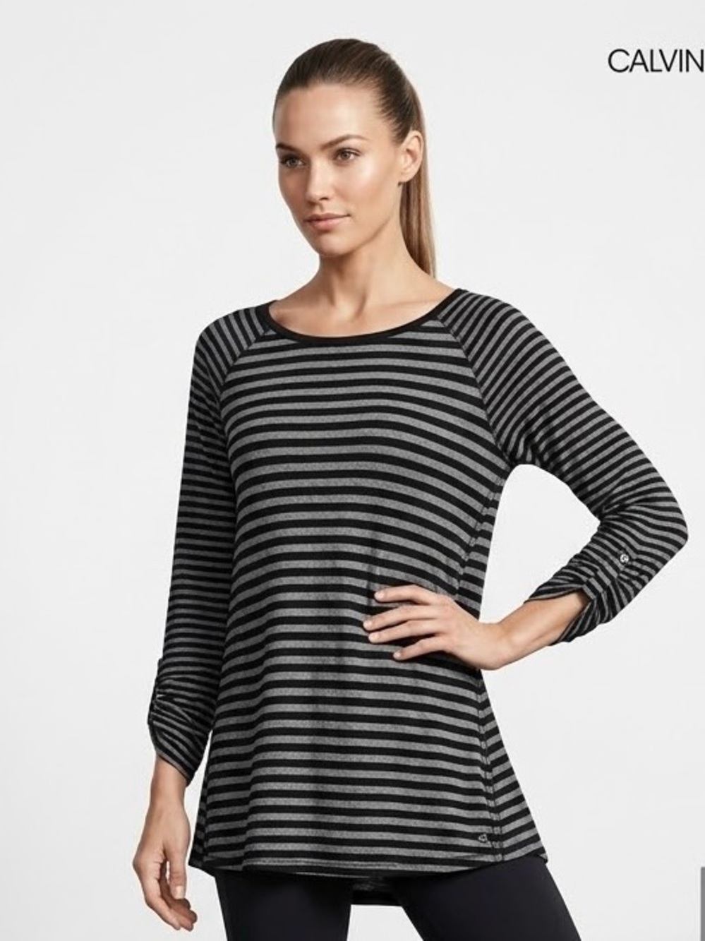 Calvin Klein Sport Black Gray Striped Long Tab Sleeve Tunic Top S